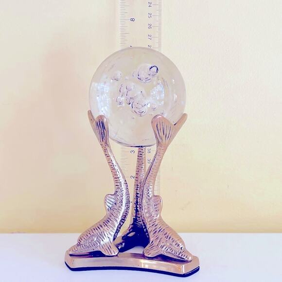 Vtg Brass Dolphin Stand Glass Orb Ball Paperweight Bubble Controlled Removable - Picture 2 of 4